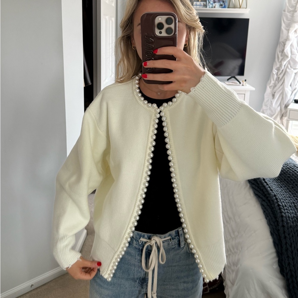 Commense Cream Pearl-Trim Cardigan